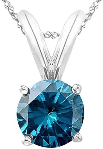 5 Carat 14K White Gold Round Blue Diamond 4 Prong Solitaire Pendant Necklace (AAA Quality) W/ 16" Gold Chain
